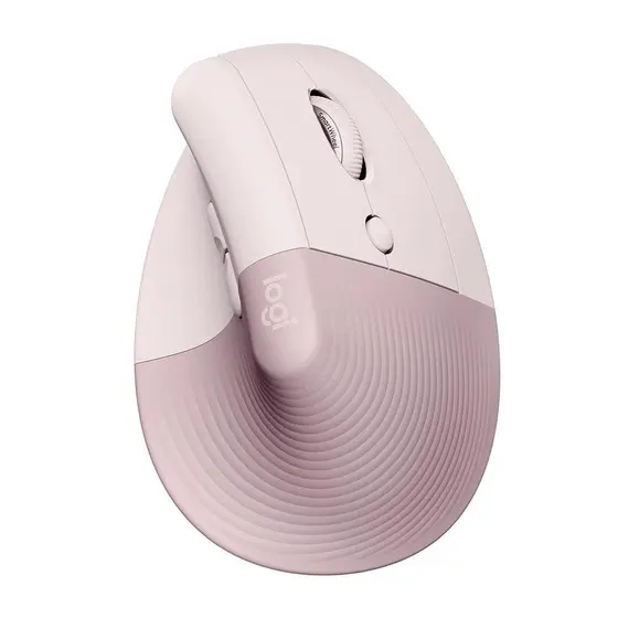 Mouse ergonômico vertical Logitech Lift na cor rosa, design moderno para conforto e bem-estar.
