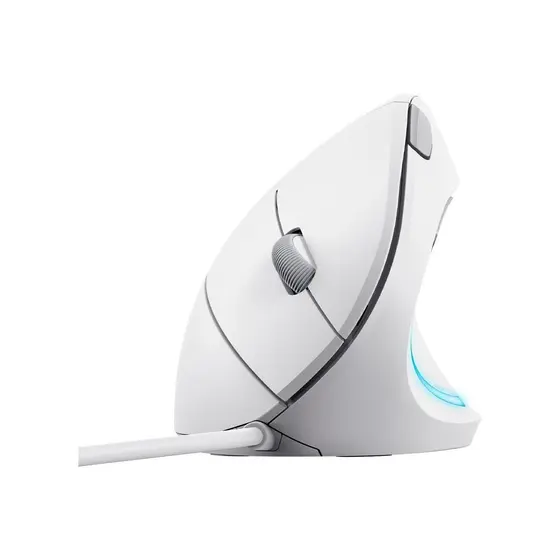 Mouse ergonômico vertical Trust Verto na cor branca, com fio, focado em conforto para longas horas de uso.