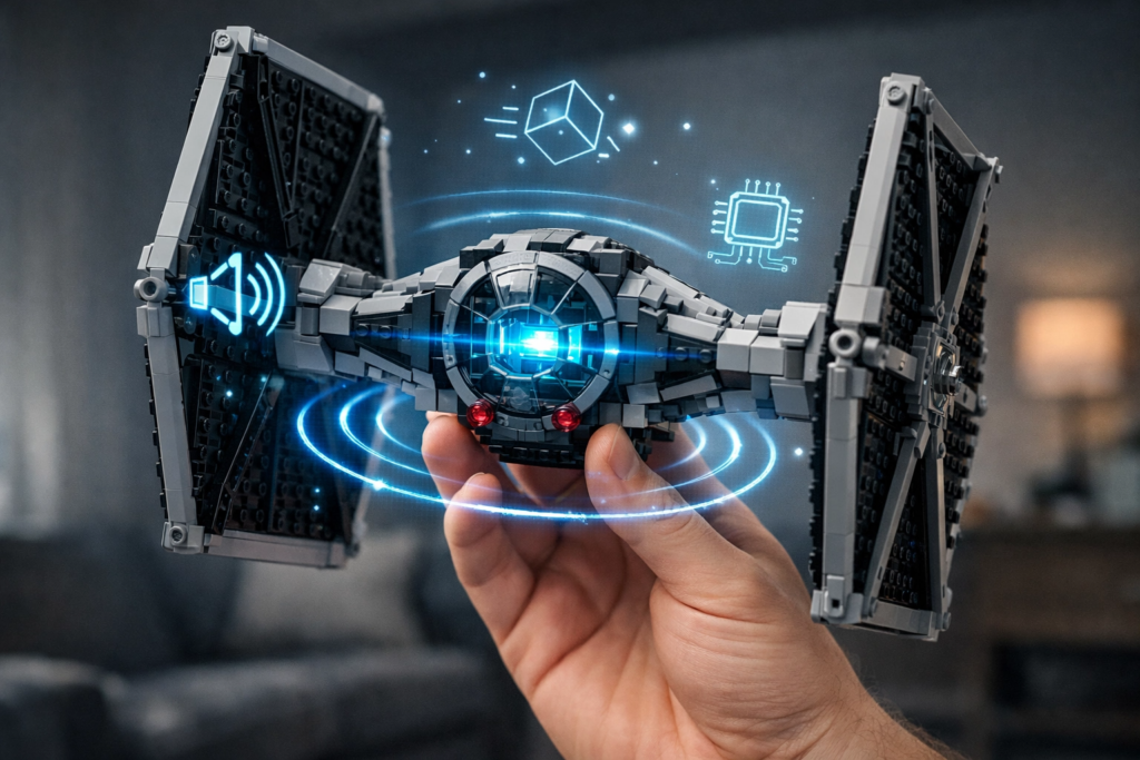 Set LEGO Star Wars Tie Fighter Darth Vader 75421 com sistema SMART Play a ser segurado por uma mão, demonstrando as ondas sonoras