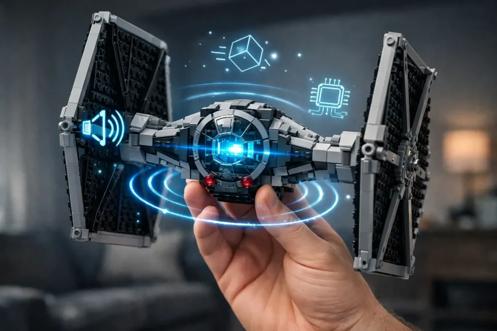 Set LEGO Star Wars Tie Fighter Darth Vader 75421 com sistema SMART Play a ser segurado por uma mão, demonstrando as ondas sonoras