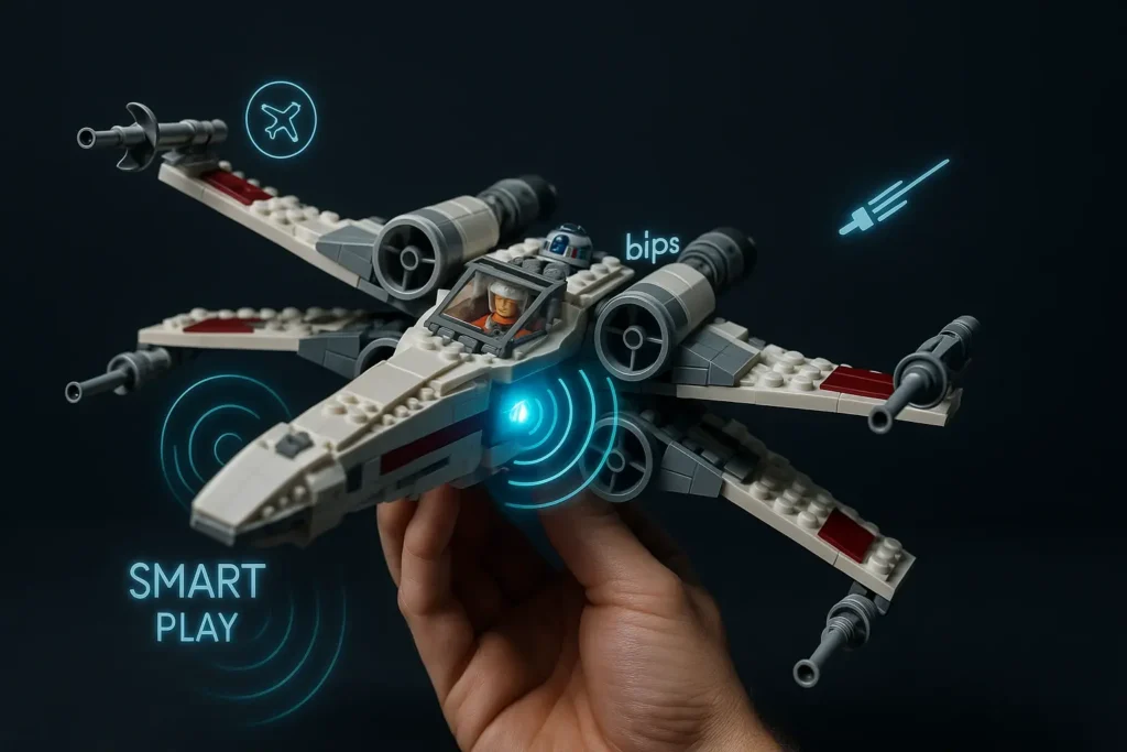 Nave LEGO Star Wars X-Wing Red Five interativa com sistema SMART Play e destaque para os sensores no corpo do brinquedo