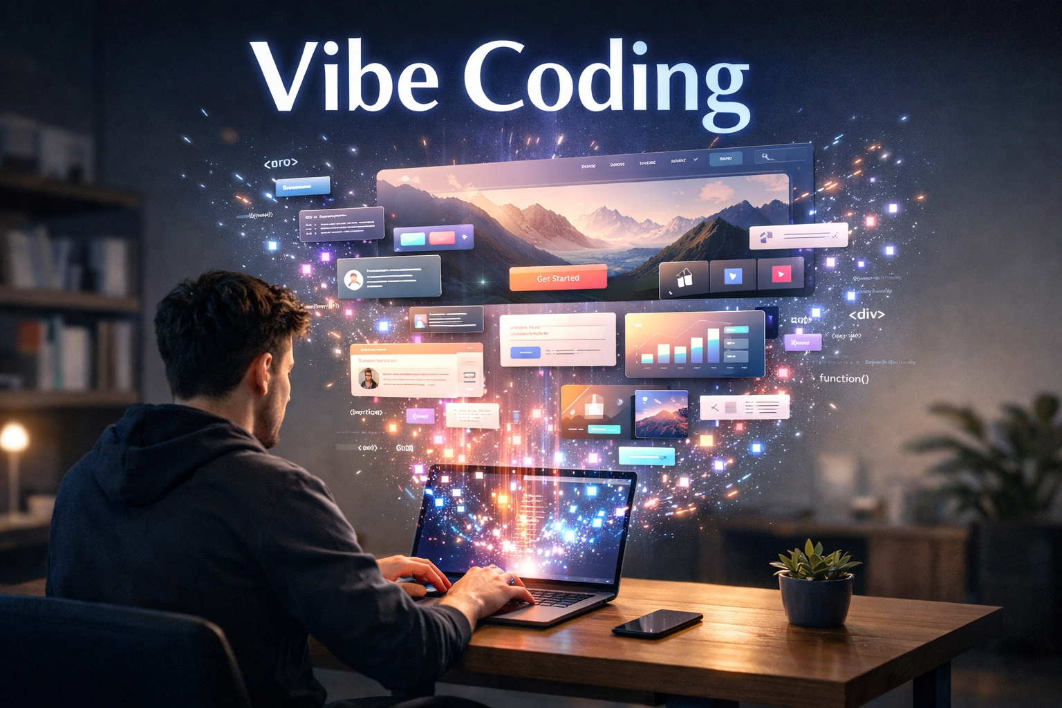 Um desenvolvedor sentado à mesa de madeira usando um notebook, enquanto elementos de interface web coloridos e componentes digitais flutuam da tela, formando um layout de site completo em um ambiente de escritório moderno e tecnológico.