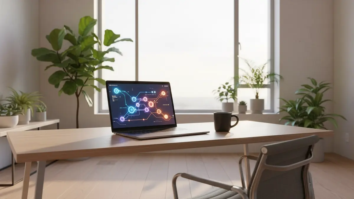 Um ambiente de escritório moderno e minimalista com um laptop exibindo uma interface de fluxo de trabalho futurista com nós e linhas conectadas, simbolizando agentes autônomos de IA trabalhando em segundo plano.