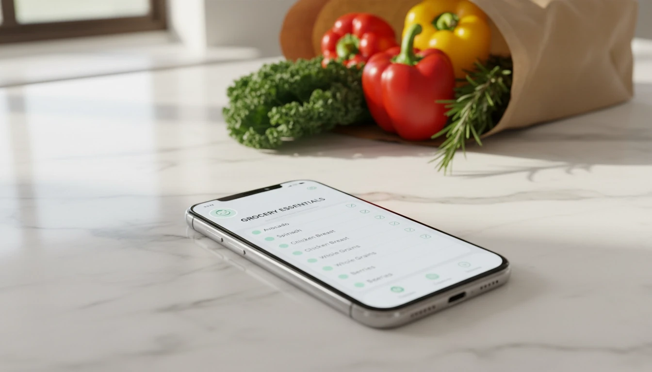 Um smartphone moderno com uma lista de compras otimizada por IA em sua tela, apoiado em uma bancada de mármore em uma cozinha iluminada, com vegetais frescos em uma sacola de papel ao fundo, simbolizando economia e organização com tecnologia.