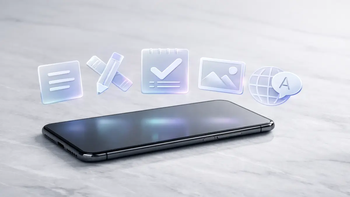 Empreendedora brasileira sorridente em seu pequeno negócio, segurando um smartphone de onde saem ícones brilhantes de ferramentas de IA como chat, design e análise.