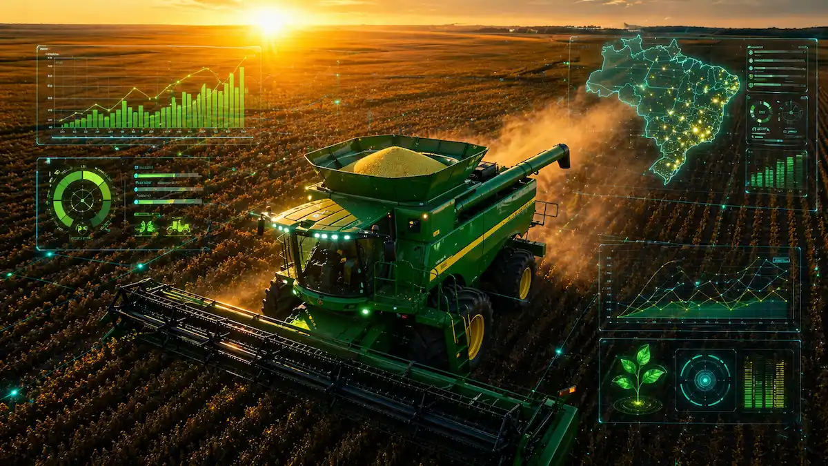Colheitadeira verde colhendo soja ao amanhecer com interface digital futurista e mapa do Brasil sobreposto