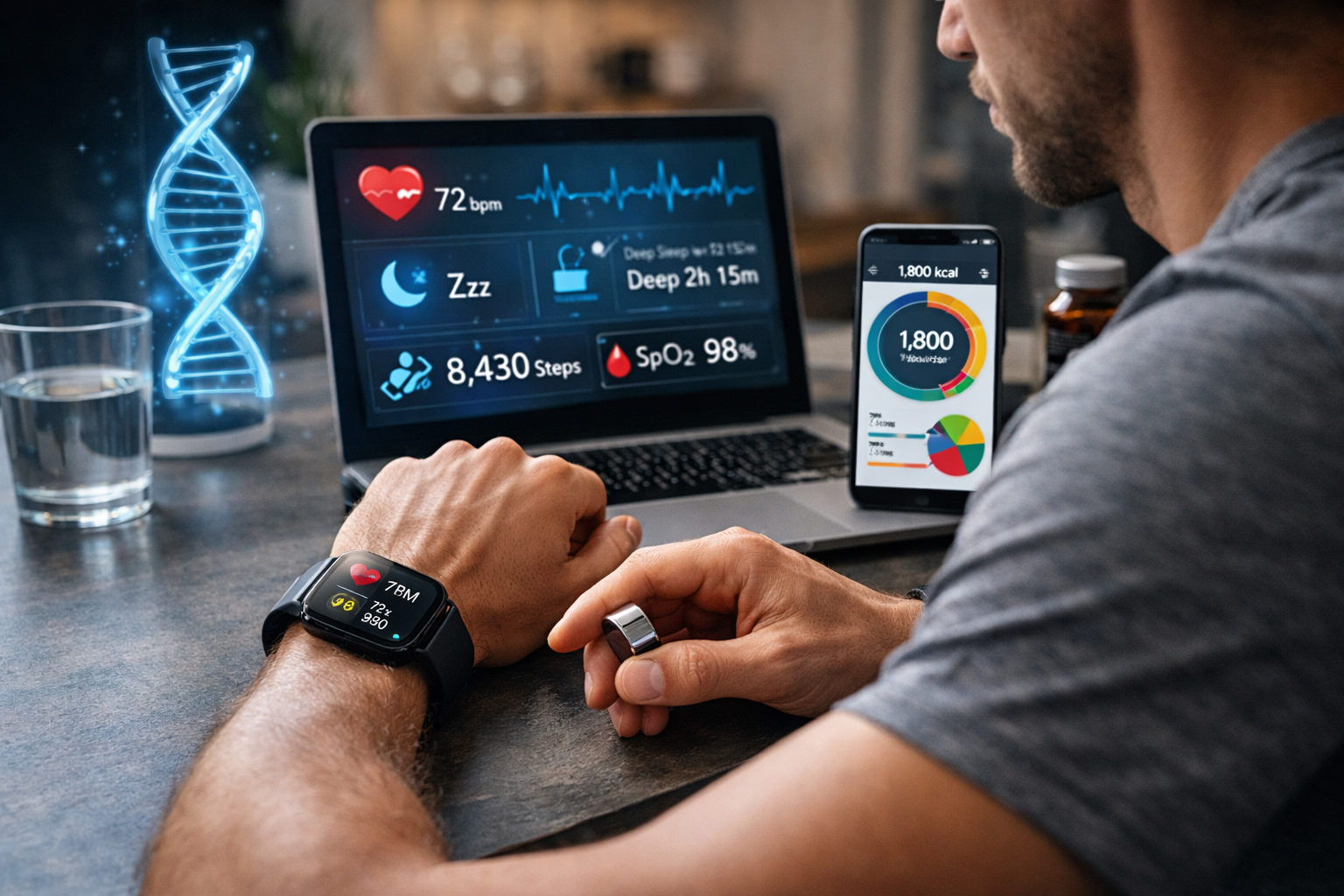 Homem monitorando dados de saúde com smartwatch, anel inteligente e inteligência artificial em ambiente futurista de biohacking