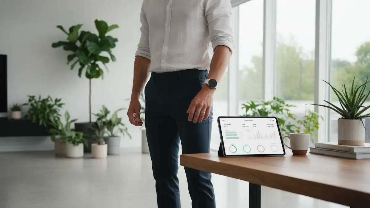 Pessoa em um ambiente moderno e minimalista, usando um anel inteligente e um smartwatch, observando um tablet com um painel de saúde limpo e sofisticado, simbolizando o biohacking e a tecnologia para o bem-estar.