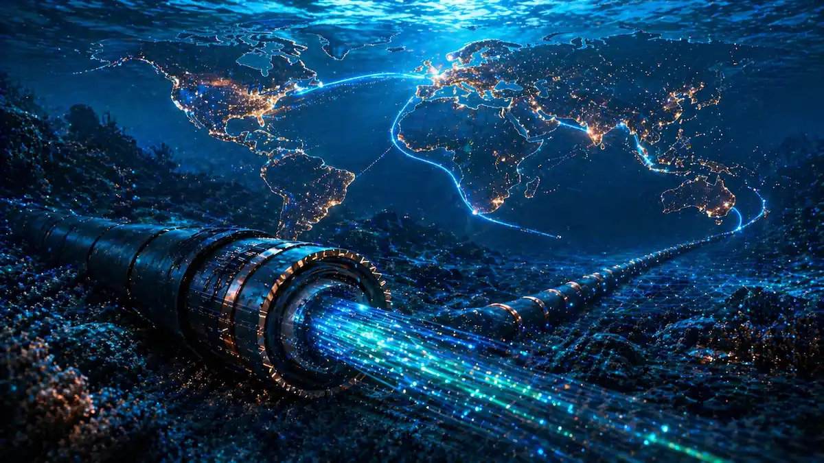 Cabo submarino de fibra óptica no fundo do oceano com dados luminosos conectando continentes.