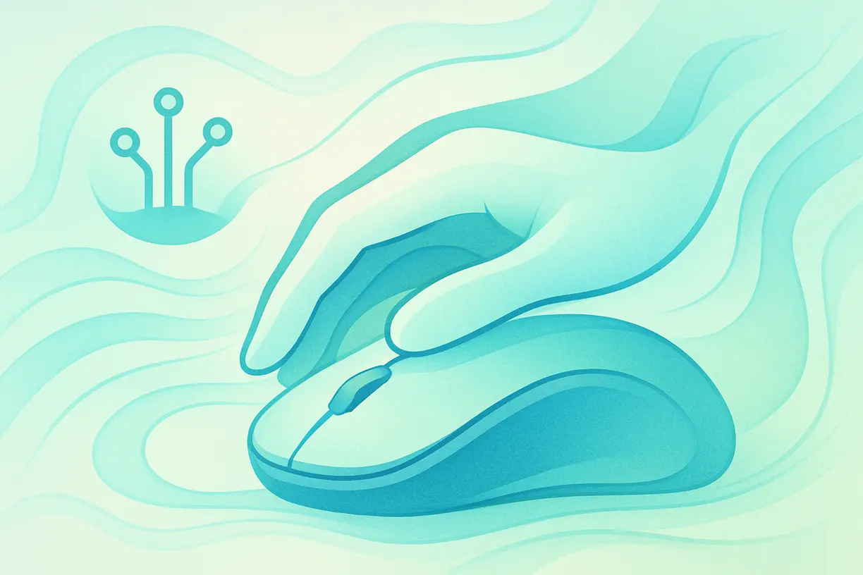 Ilustração conceitual de uma mão utilizando um mouse ergonômico com formas fluidas e tons de azul e verde água, representando conforto e tecnologia.