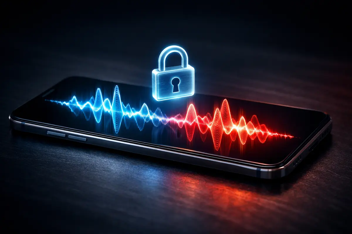 Ilustração de um smartphone com ondas sonoras distorcidas em azul e vermelho e um ícone de cadeado digital, representando o golpe de deepfake de voz e segurança digital.