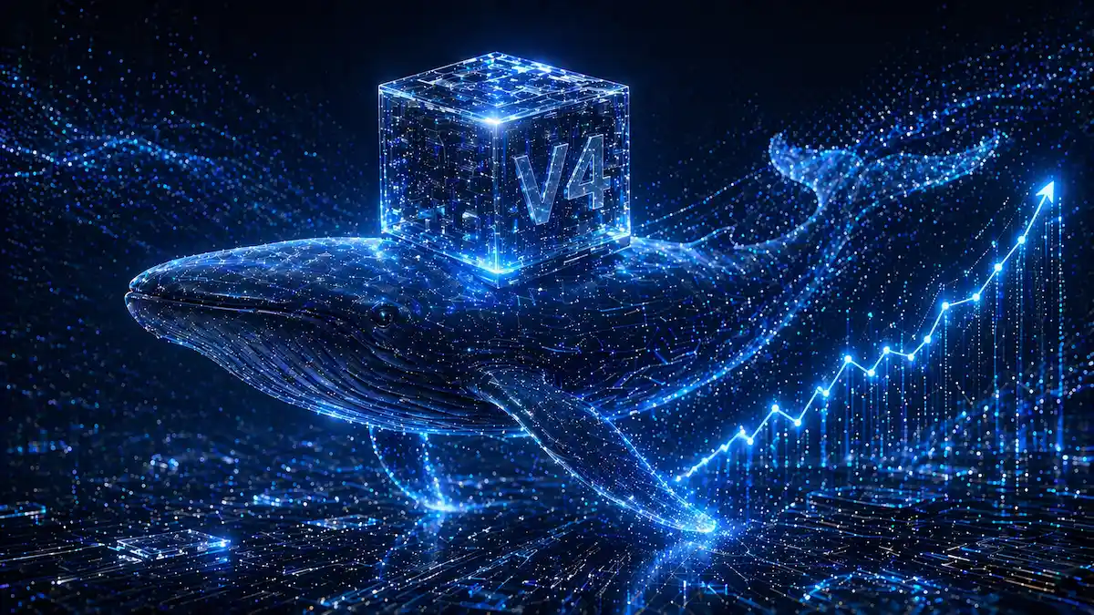 Baleia digital futurista nadando em oceano de dados com cubo V4 e gráficos de desempenho em alta.