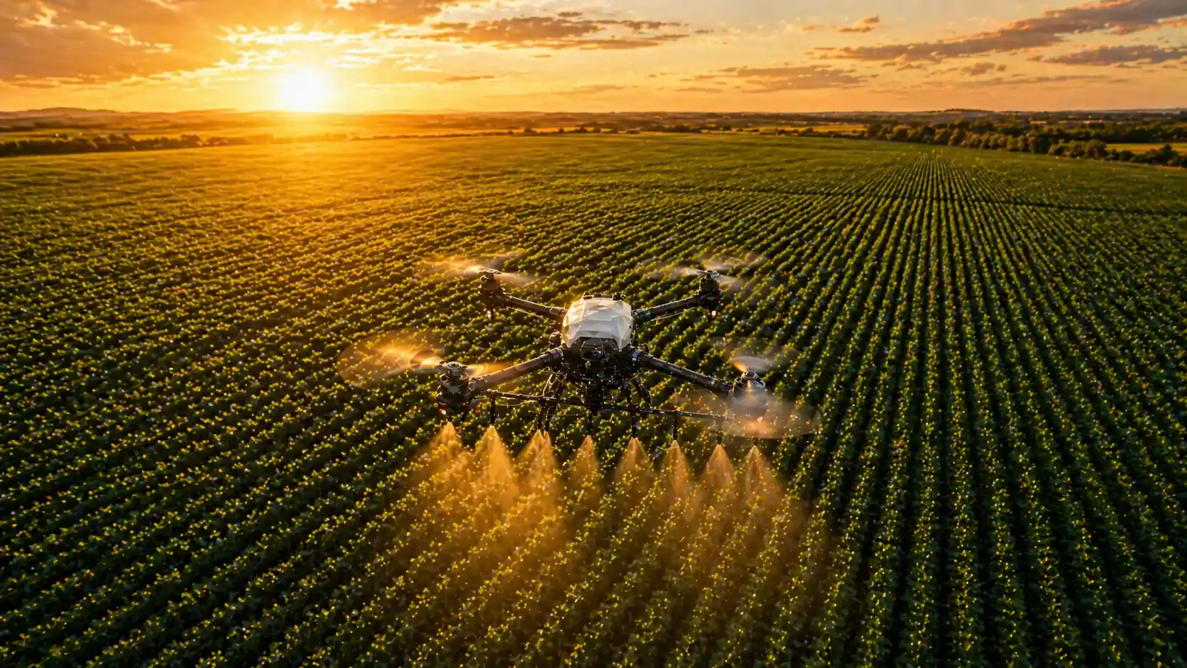Drone agrícola sobre plantação de soja ao pôr do sol pulverizando cultivo com tecnologia avançada.