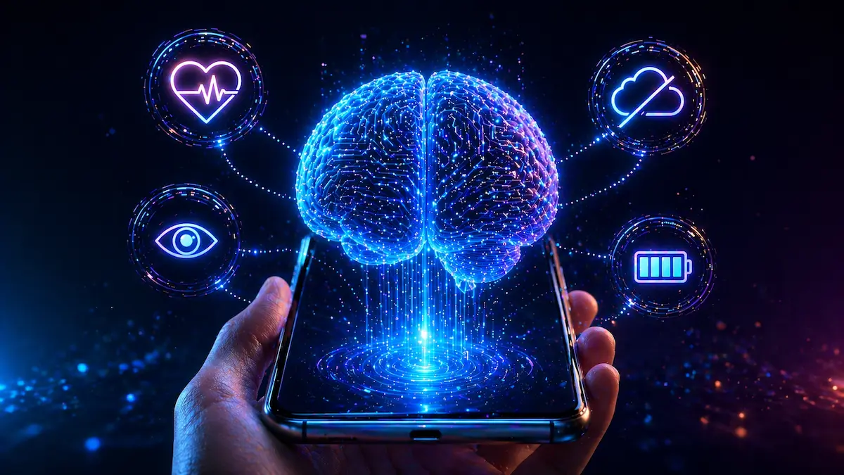 Smartphone projetando cérebro digital holográfico com ícones de privacidade e desempenho ao redor.