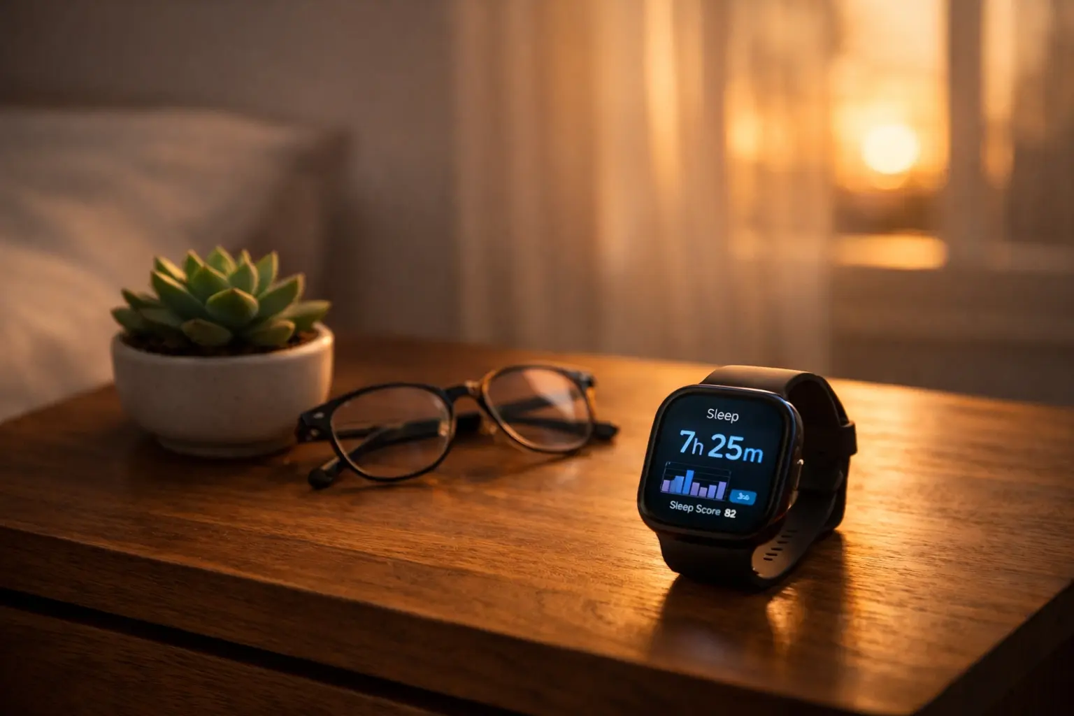 Smartwatch em mesa de cabeceira com planta e óculos, representando o equilíbrio digital e monitoramento do sono.