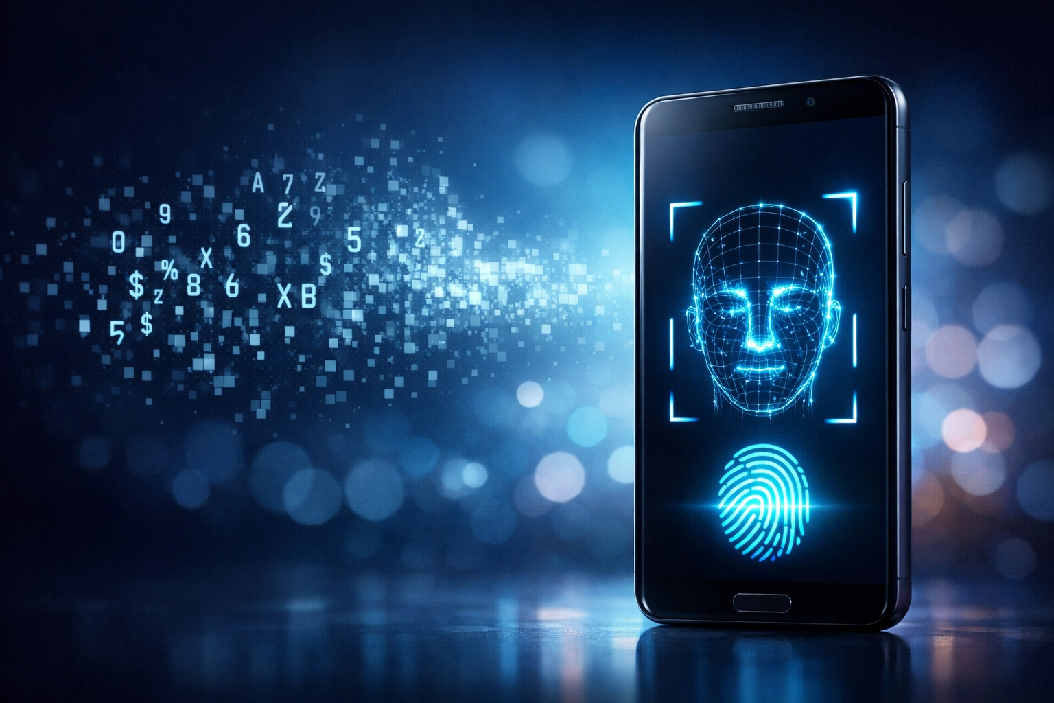Smartphone moderno exibindo interface de reconhecimento facial e digital azul brilhante, com caracteres de senhas antigas desaparecendo ao fundo em um ambiente tecnológico.