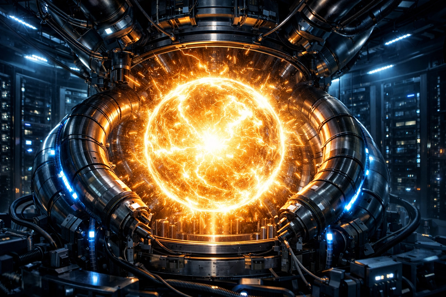 Núcleo de plasma dourado e brilhante dentro de um reator de fusão nuclear futurista, simbolizando a criação de energia limpa para data centers de IA.