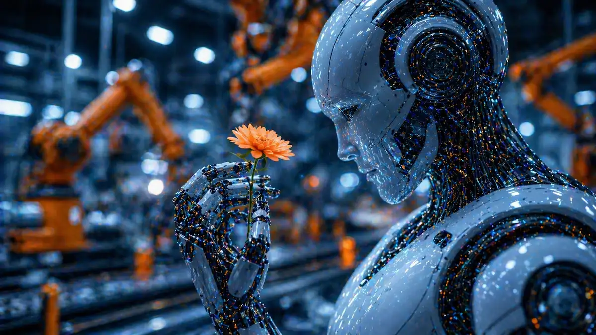 Robô humanoide segurando uma flor em fábrica moderna com braços robóticos ao fundo