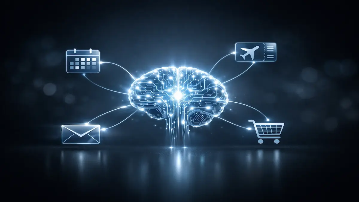 Ilustração de um cérebro digital conectado a ícones de tarefas como calendário, viagens e e-mails, representando a IA Agêntica.