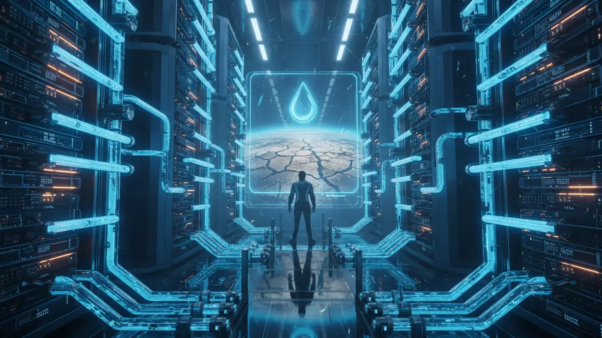 Um data center futurista com tubulações de água visíveis e um globo terrestre com áreas secas, simbolizando o consumo hídrico da IA e a escassez de água.