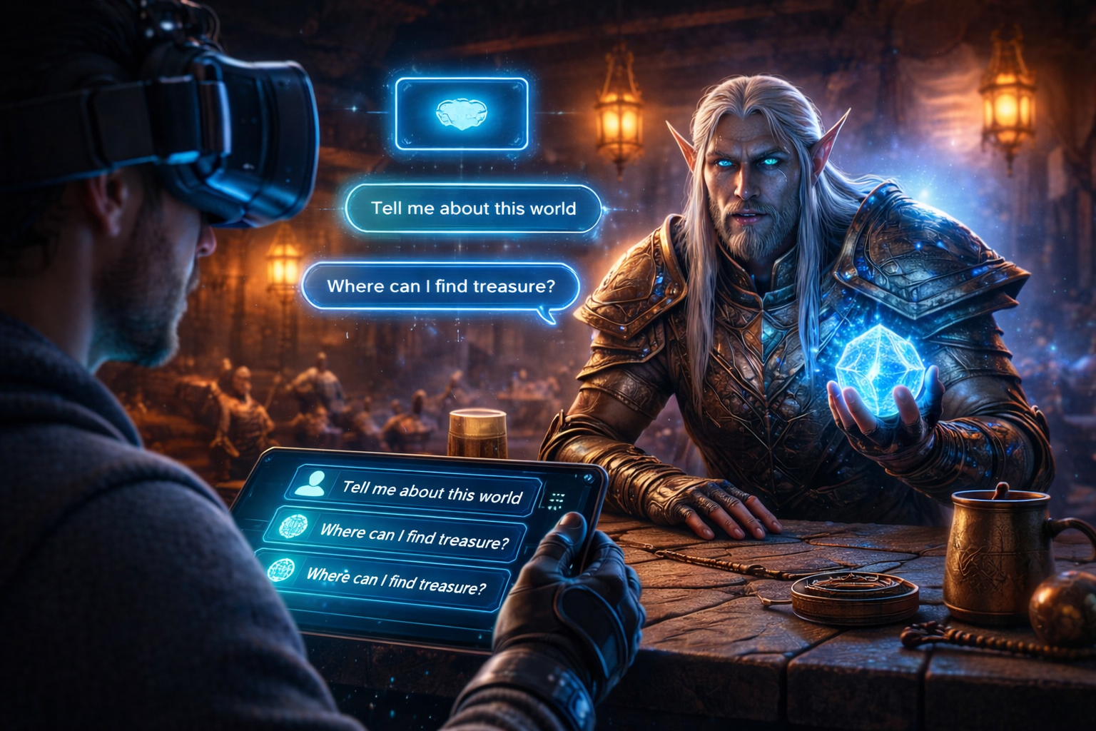 Personagem NPC em jogo de realidade virtual conversando com jogador usando inteligência artificial em tempo real