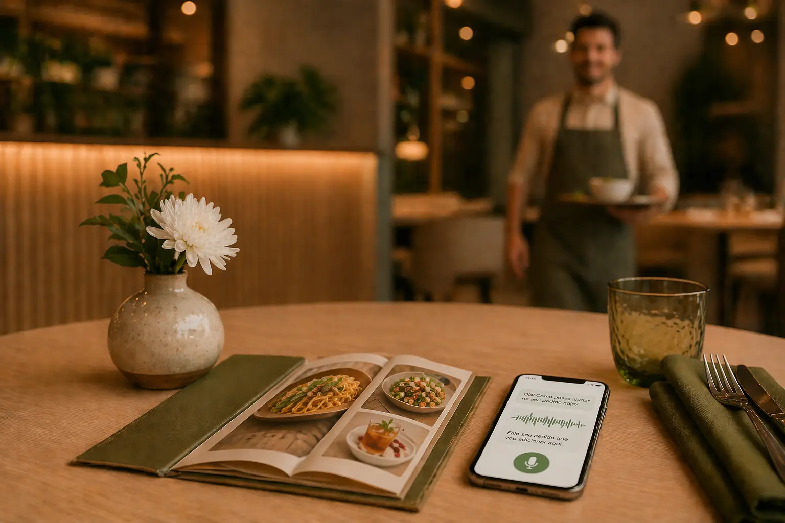 Mesa de restaurante moderna vista de cima com cardápio aberto, celular com interface de pedido por voz e garçom ao fundo desfocado