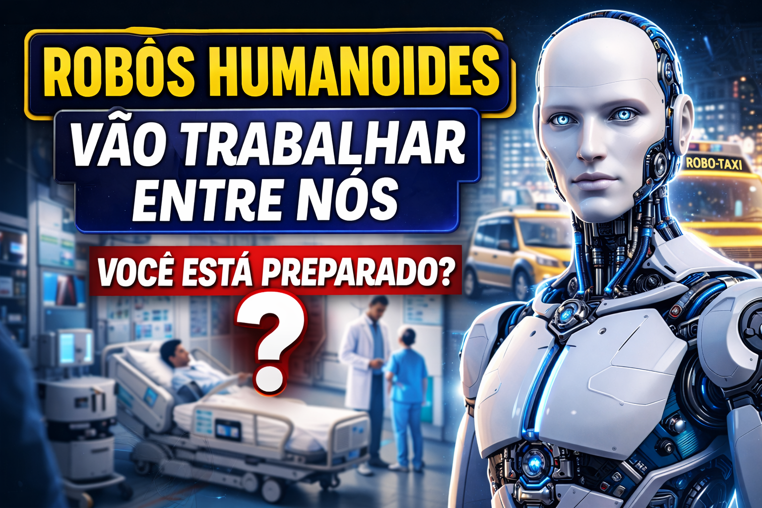 Robô humanoide em hospital com humanos ao fundo e robotáxi, representando o avanço da inteligência artificial física no trabalho e na sociedade