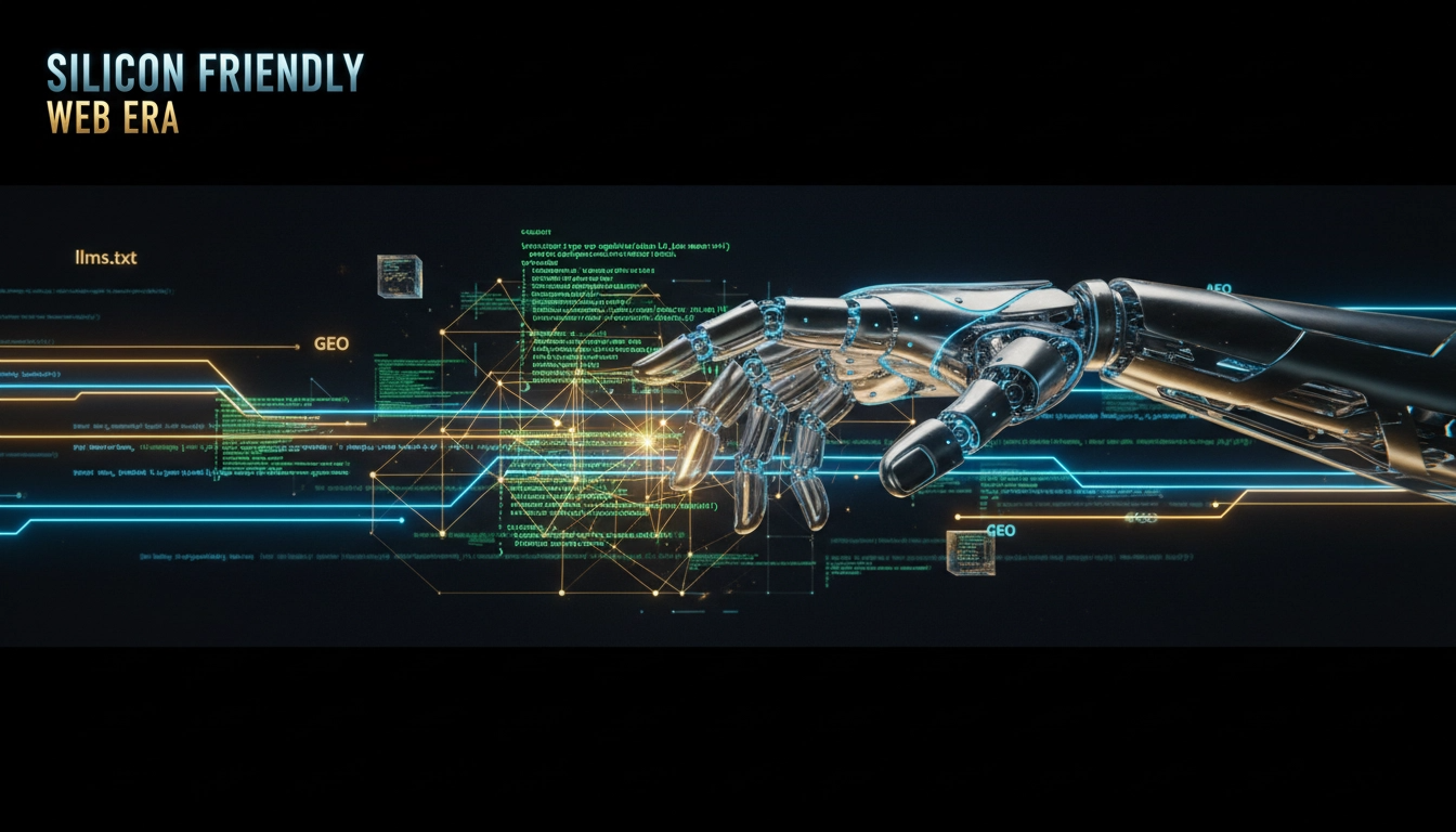 Uma mão robótica futurista interagindo com uma rede de dados dourada e azul, com os termos 'llms.txt', 'GEO' e 'AEO' flutuando em uma interface digital moderna.