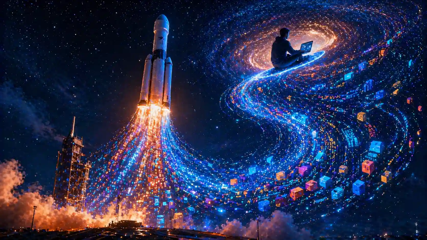 Foguete futurista lançando código binário no espaço com programador usando notebook em galáxia digital