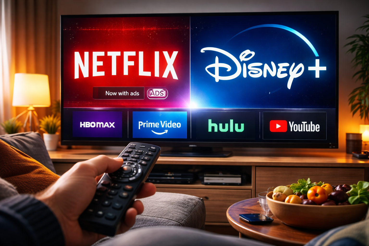 Pessoa usando controle remoto em frente à TV com Netflix e Disney Plus exibindo anúncios, representando a volta do modelo de TV a cabo no streaming