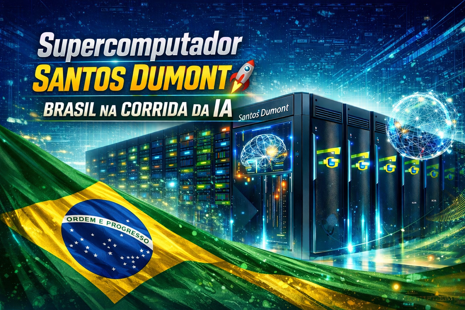 Supercomputador Santos Dumont com bandeira do Brasil ao fundo representando o avanço da inteligência artificial no país