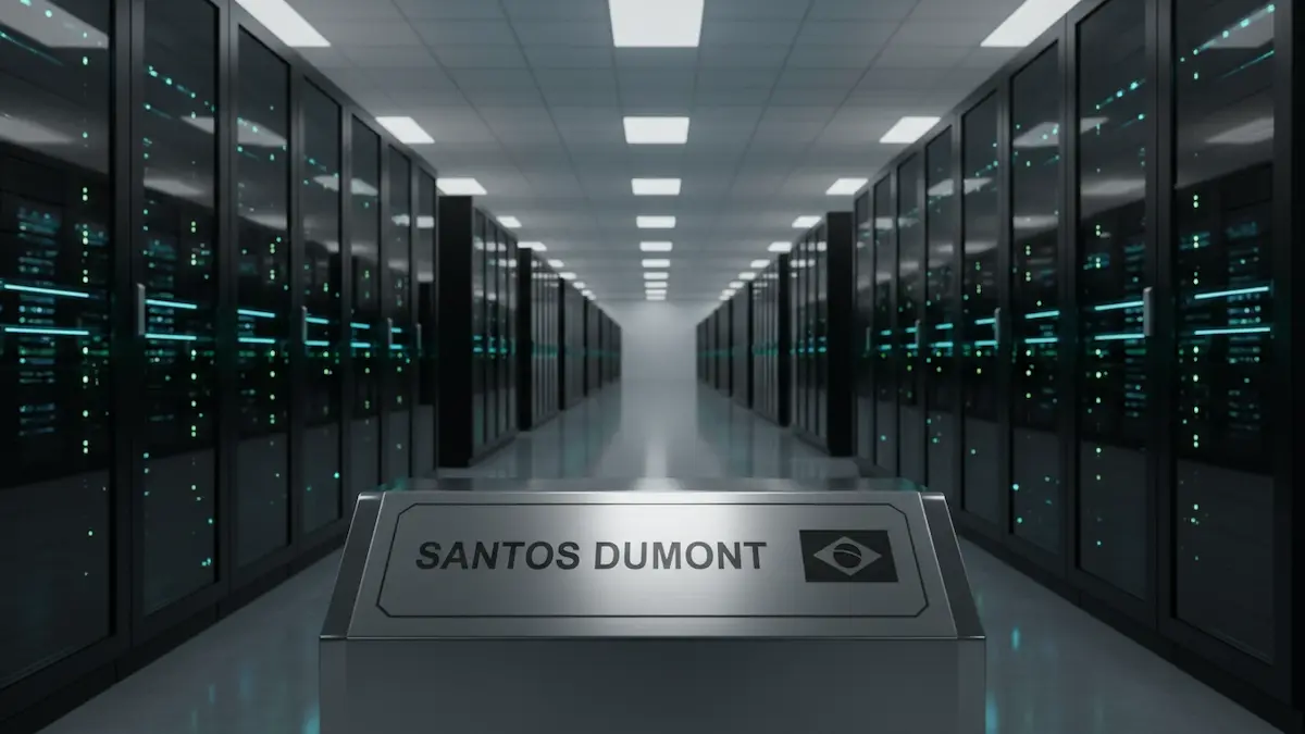 Corredor de data center futurista com servidores brilhantes em tons de azul e verde, e uma placa metálica com "Santos Dumont" e o emblema da bandeira brasileira no primeiro plano.