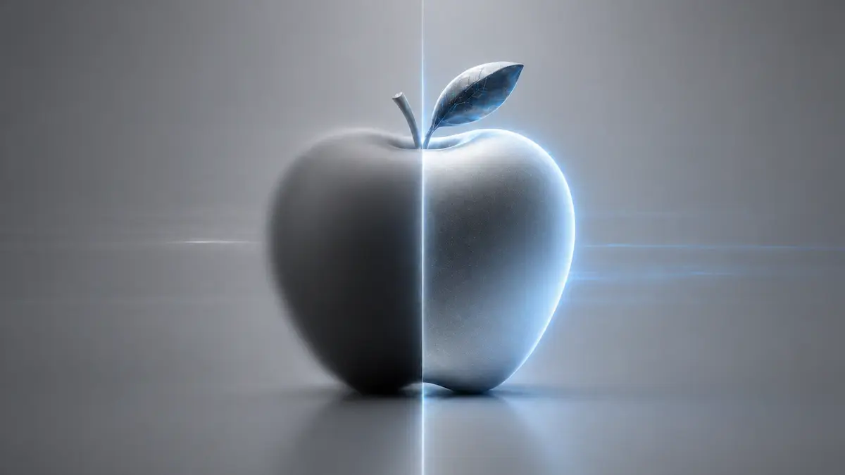 Maçã minimalista dividida ao meio com contraste entre passado e futuro em tons cinza e azul representando transição de liderança na Apple