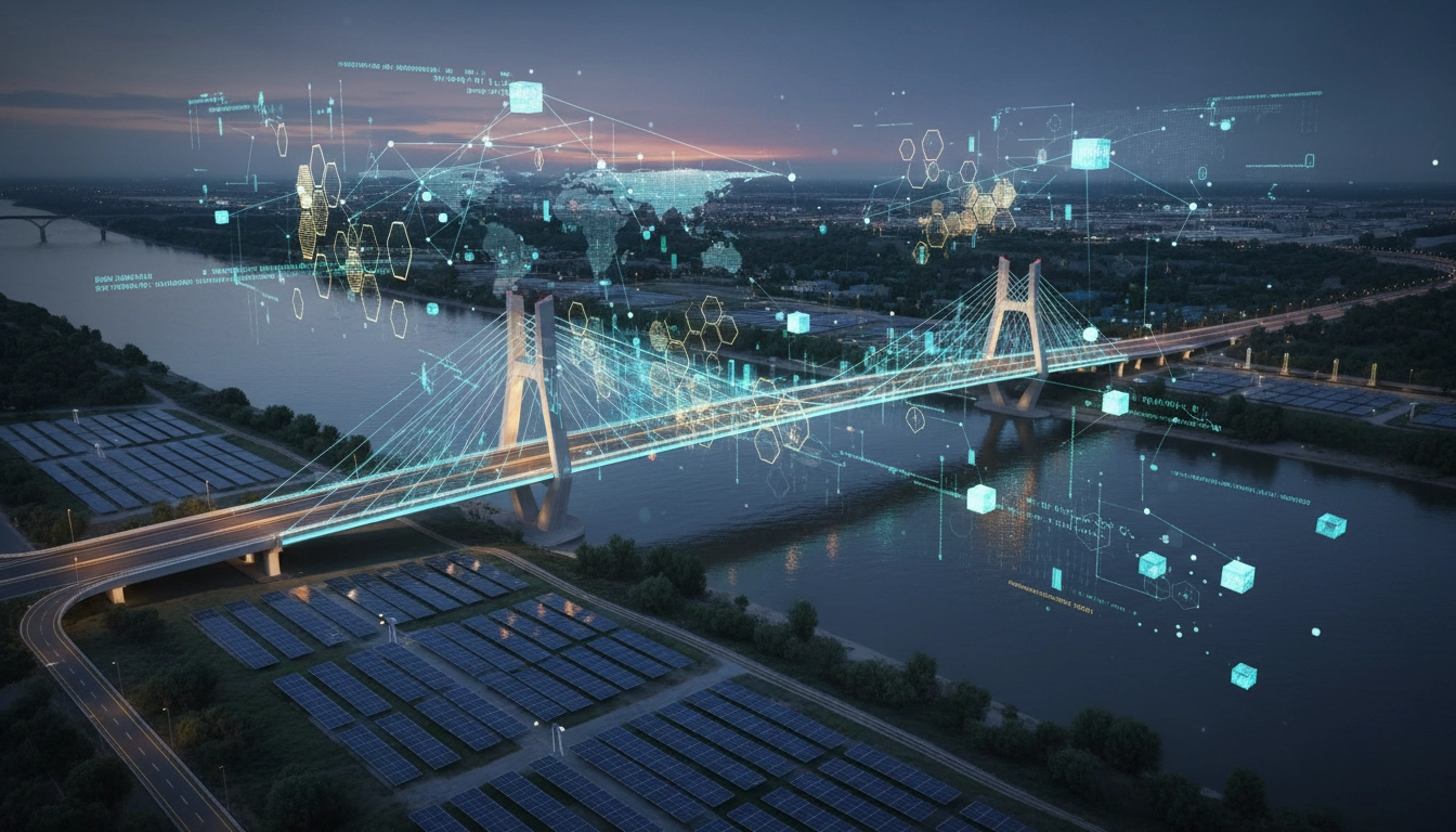 Uma ponte suspensa moderna sobre um rio ao entardecer, integrada com elementos digitais abstratos de blockchain, redes de dados e ícones de ativos globais, simbolizando a tokenização de infraestrutura física.