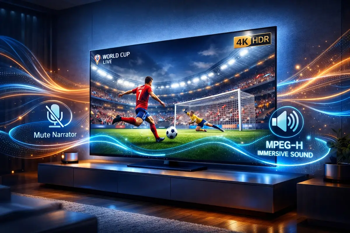 Smart TV futurista exibindo jogo de futebol da Copa do Mundo com ícones de tecnologia TV 3.0, silenciar narrador e áudio imersivo MPEG-H.