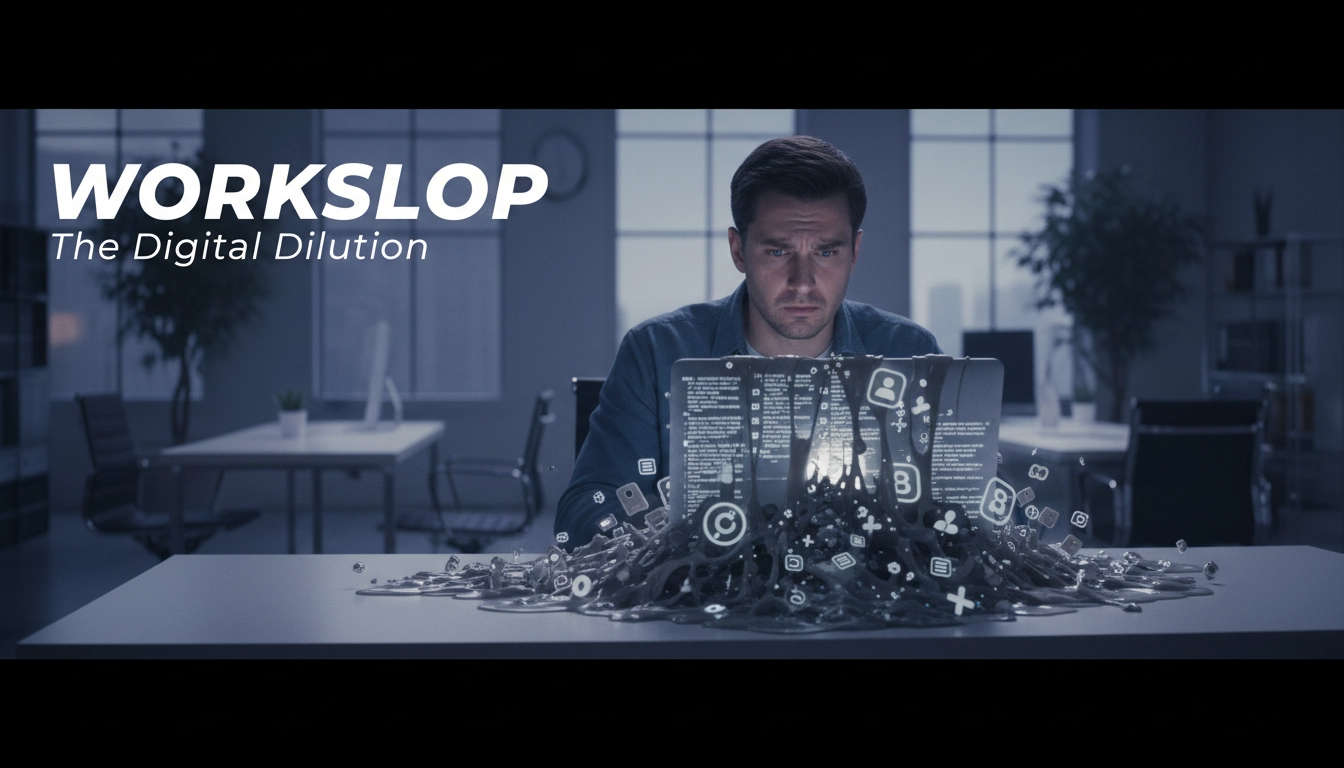 Um profissional em um escritório moderno olhando com frustração para um notebook, de onde transborda uma massa cinzenta e viscosa de símbolos digitais e ícones genéricos, representando o 'Workslop'.