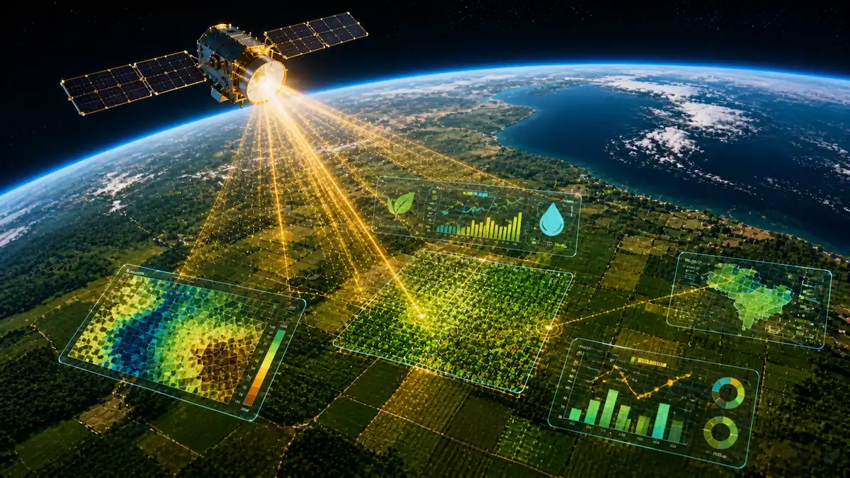 Satélite escaneando lavoura brasileira com dados agrícolas e mapas de produtividade holográficos.