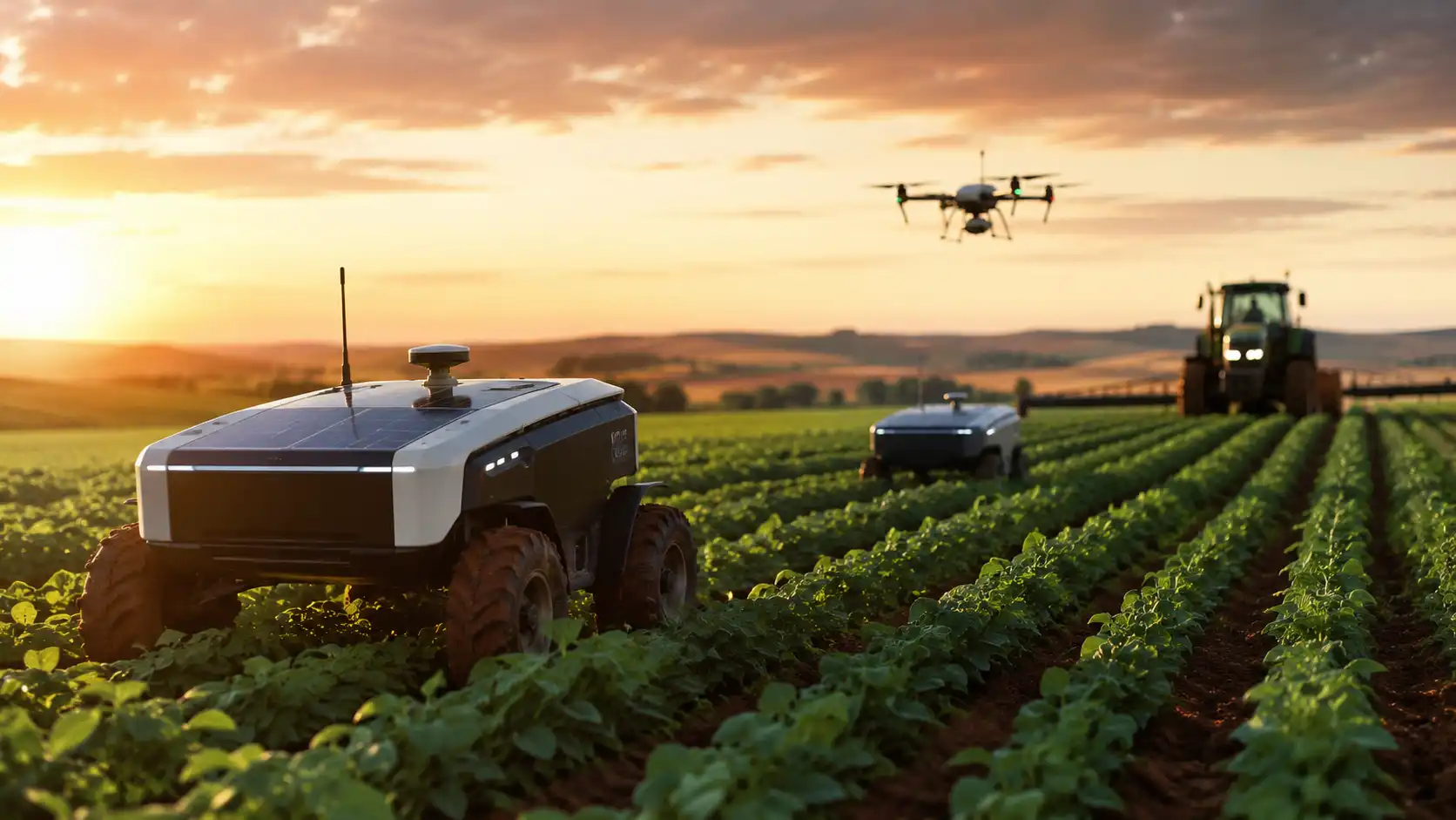Máquina agrícola autônoma operando em plantação ao pôr do sol durante a Agrishow 2026, representando o uso de inteligência artificial e robótica no agronegócio.