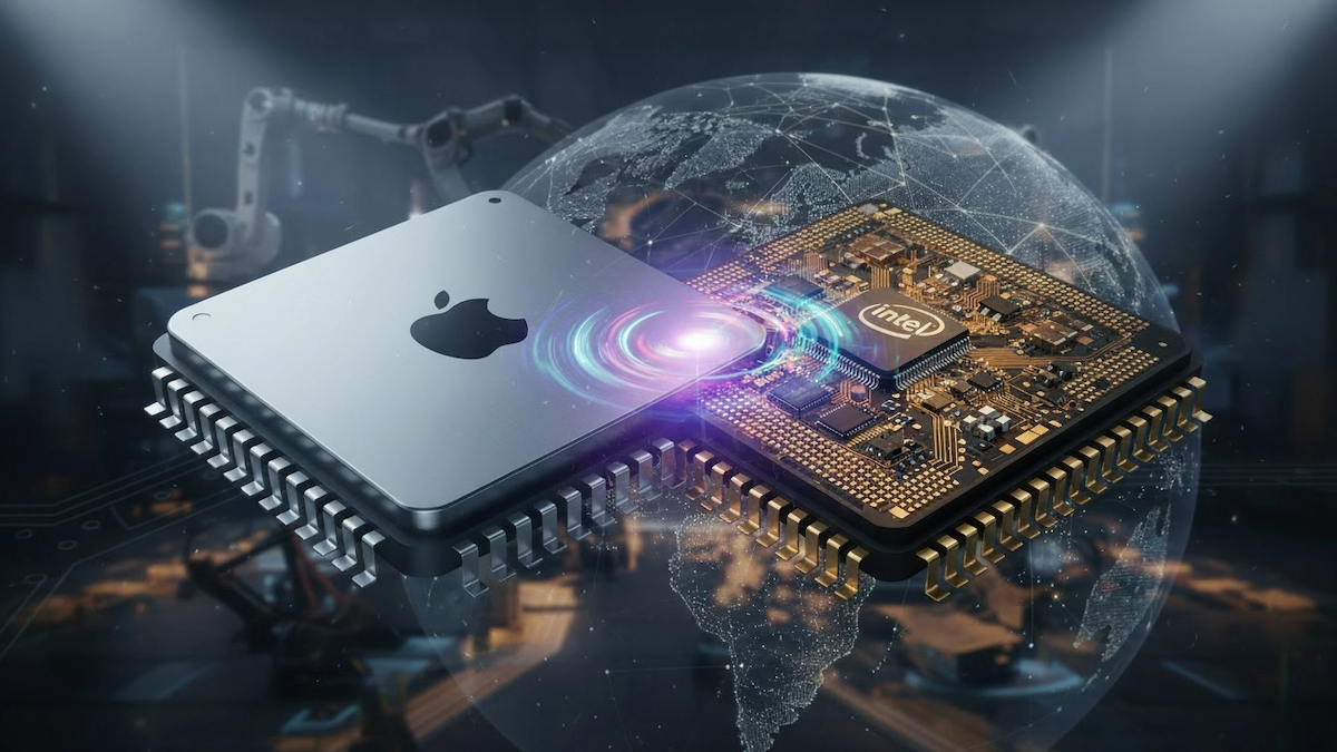 Fotografia editorial de dois microchips potentes se fundindo; o chip da esquerda exibe o logotipo da Apple e o da direita exibe o logotipo da Intel, simbolizando a parceria estratégica em 2026.