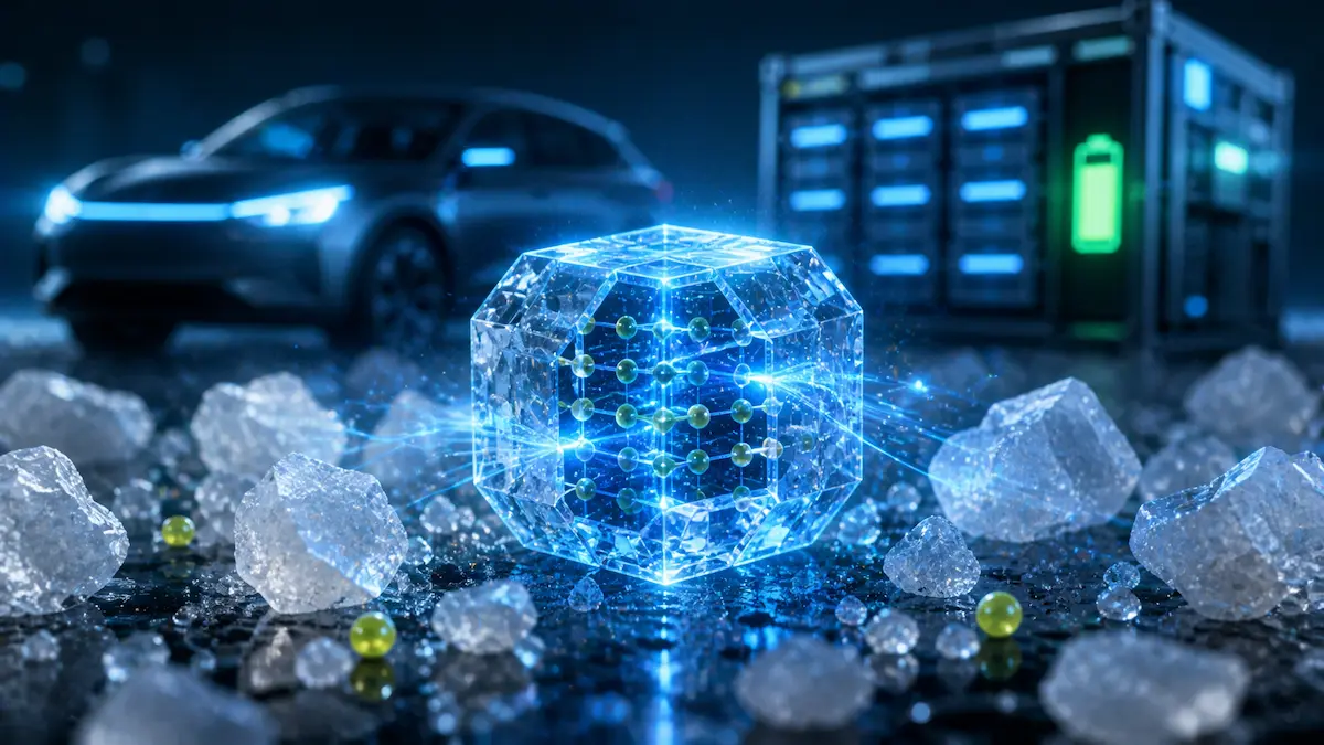 Cristais de sal se transformando em estrutura de bateria com energia azul e fundo de carro elétrico desfocado.