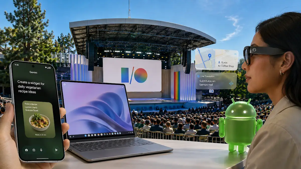 Conceito futurista do Google I/O 2026 mostrando Android 17, Gemini AI, óculos XR e novos dispositivos inteligentes durante conferência em Mountain View.