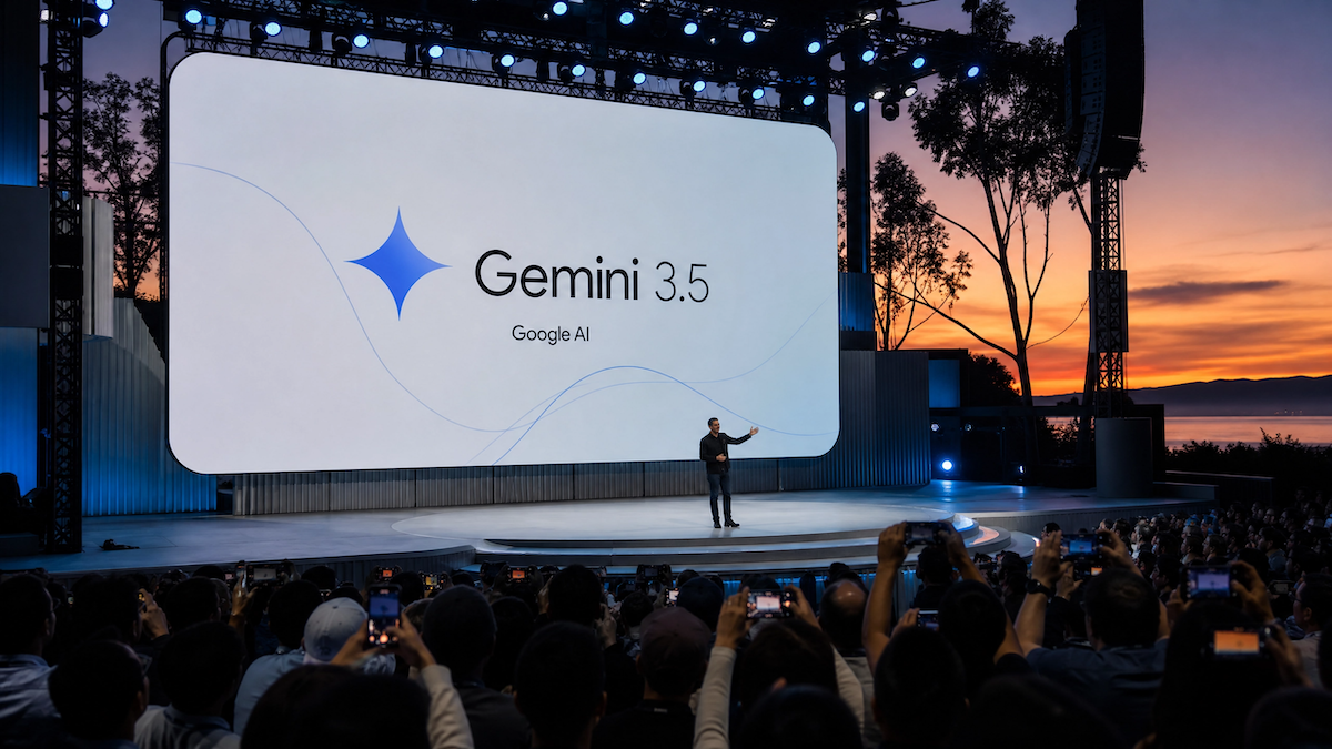 Fotografia do palco principal do Google I/O 2026 exibindo o logo do Gemini 3.5 em um grande telão, com o público assistindo ao fundo durante o pôr do sol.