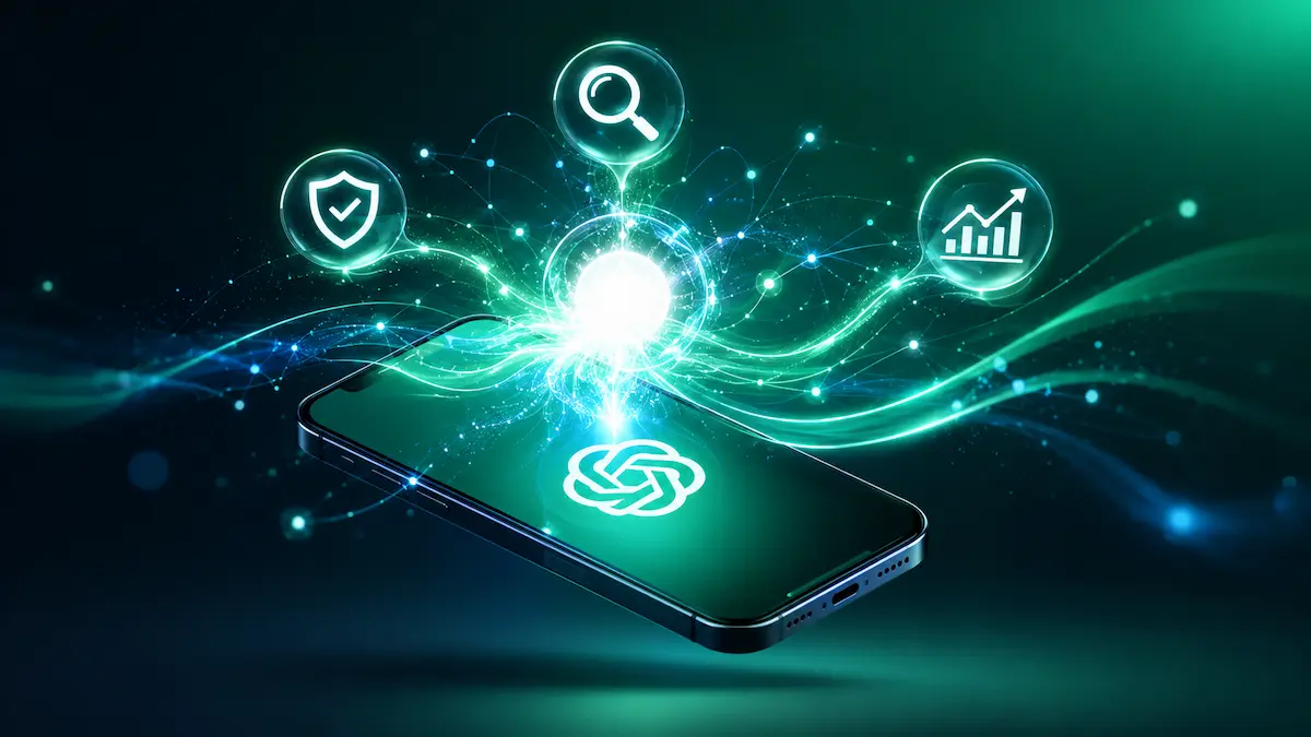 Smartphone com inteligência artificial emitindo luz com ícones de precisão, segurança e análise de dados.