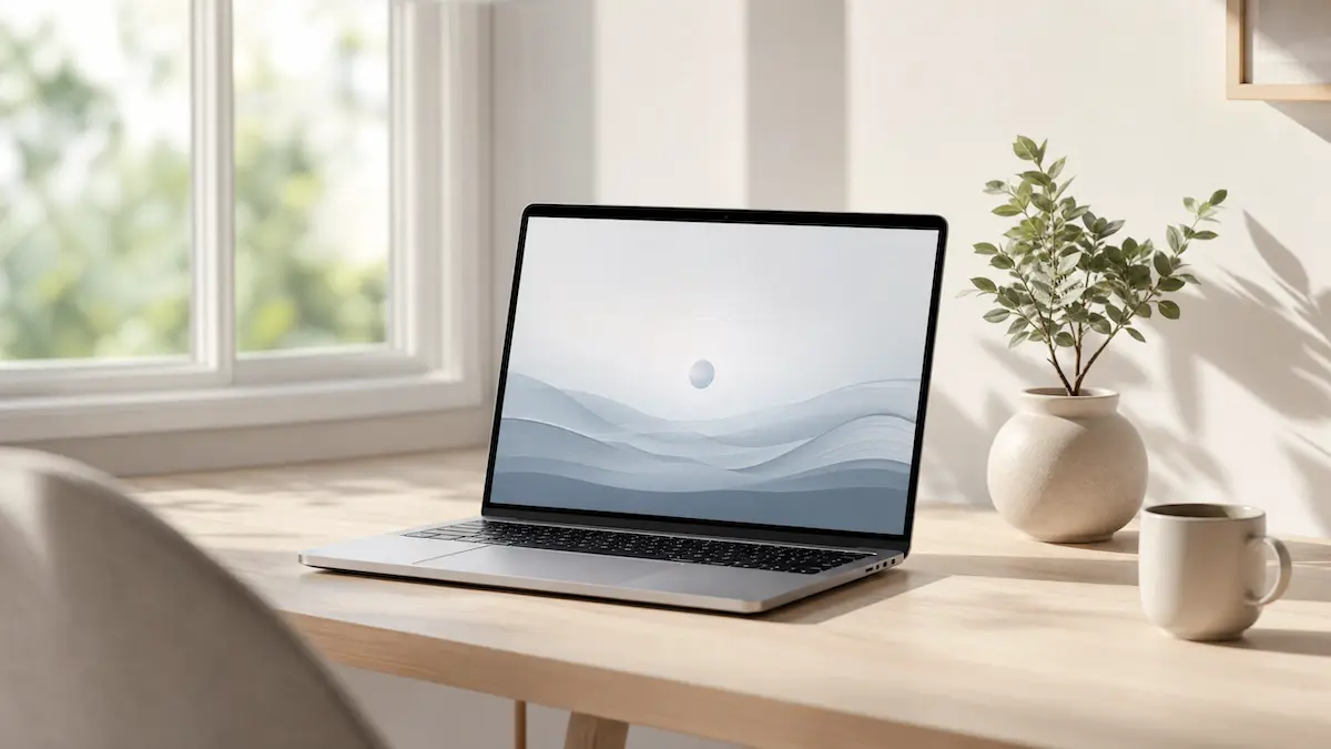 Fotografia realista de um home office minimalista com um laptop moderno em uma mesa de madeira clara, iluminado por luz natural, representando o foco e o minimalismo digital com IA.