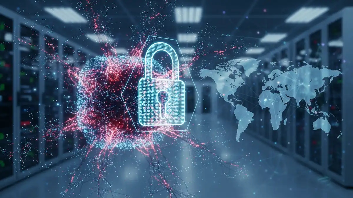 Representação visual de um núcleo de inteligência artificial pulsando com luzes de segurança, sob uma interface digital de proteção e o mapa global, simbolizando a regulação e o controle de tecnologias avançadas.