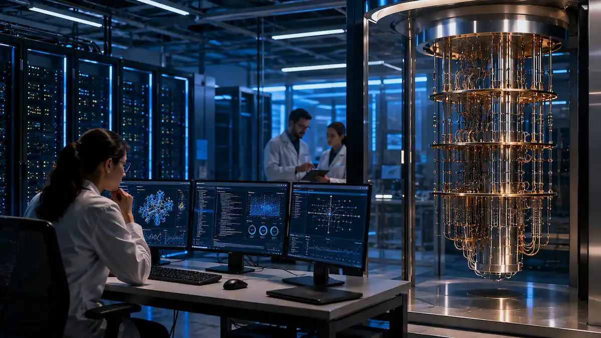 Laboratório futurista da IBM com computador quântico híbrido integrado a supercomputadores clássicos, exibindo simulações moleculares e processamento avançado de IA em 2026.