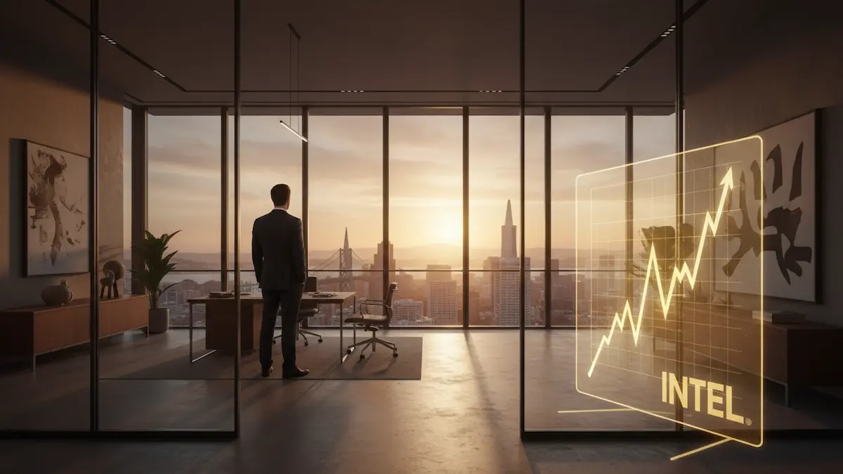 Executivo em um escritório de luxo observando o pôr do sol sobre uma metrópole real, com um gráfico de ações dourado em ascensão e o logotipo da Intel, simbolizando a recuperação do mercado em 2026.