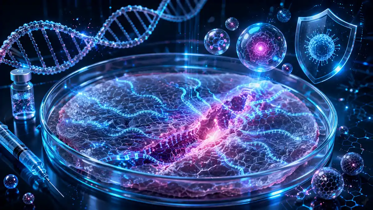 Tecido se regenerando em placa de Petri com fitas de mRNA luminosas e elementos de biotecnologia.
