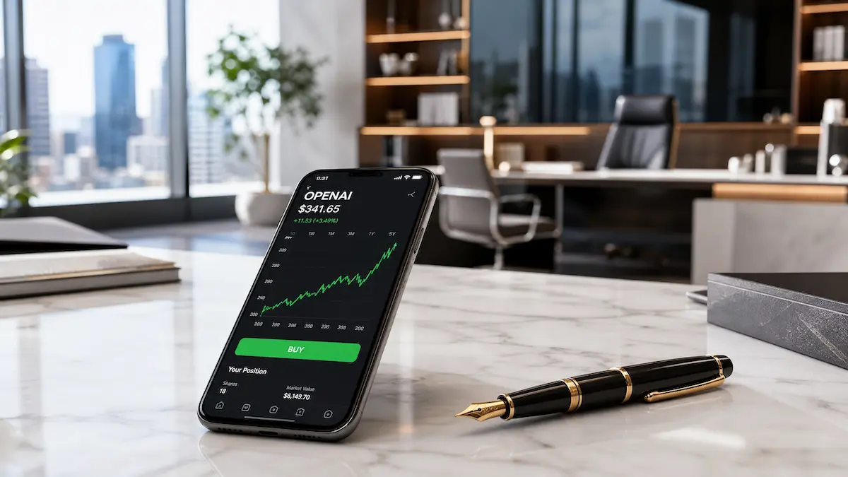Smartphone sobre mesa de mármore exibindo gráfico de ações em alta com o nome OpenAI, ao lado de uma caneta tinteiro em um escritório moderno.