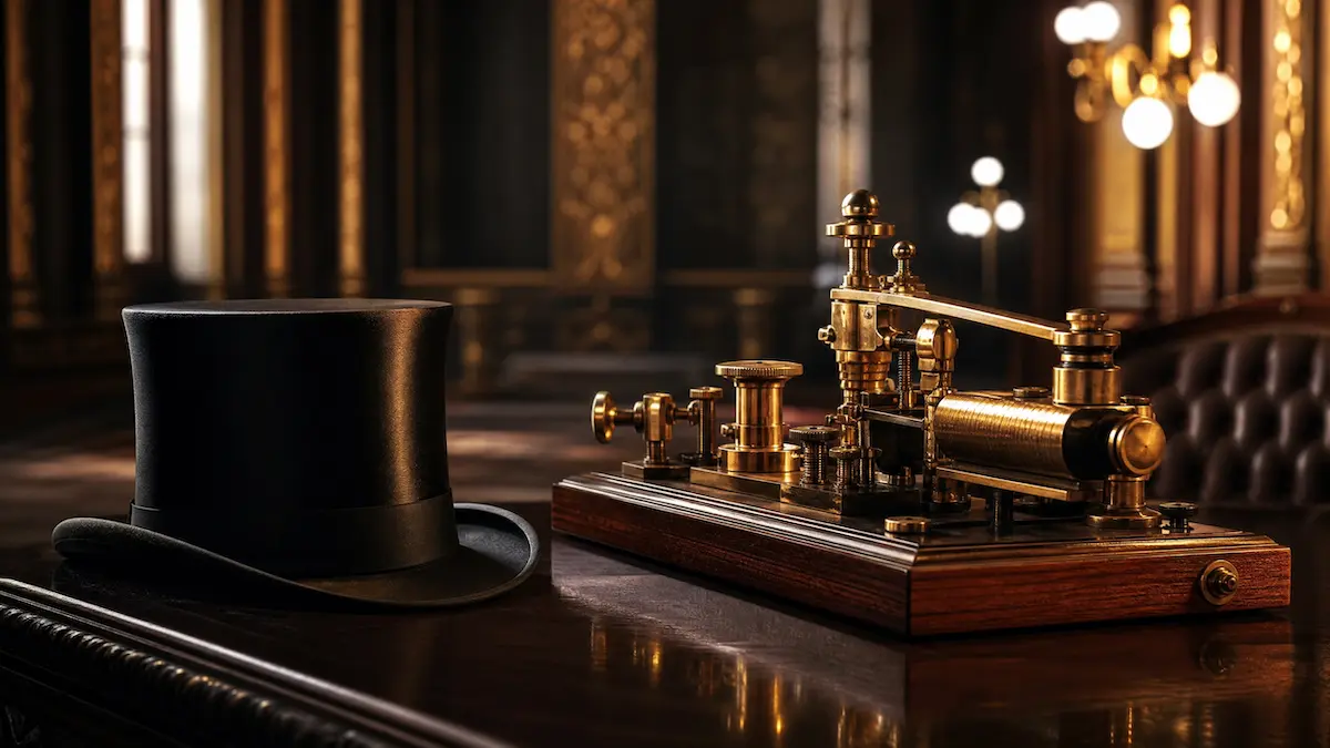 Fotografia realista de um telégrafo antigo de latão e uma cartola preta em uma mesa de madeira escura, representando o primeiro hack da história em 1903.